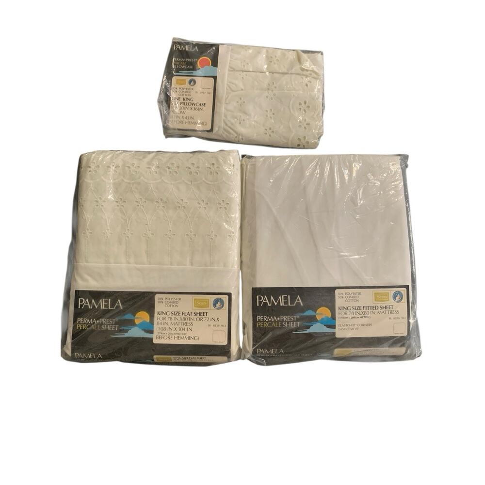 Vtg Pamela King‎ 3 piece Sears Perma-Prest Percale EYELET Flat Fitted Pillowcase